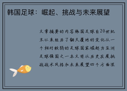 韩国足球：崛起、挑战与未来展望